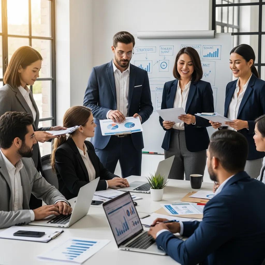 Business professionals collaborating on continuity strategies in a modern office