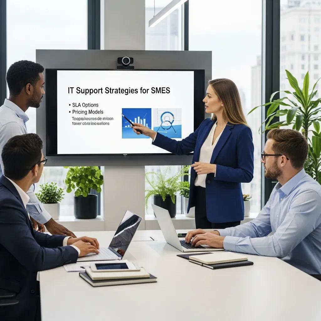 Business professionals collaborating on IT support strategies in a modern office