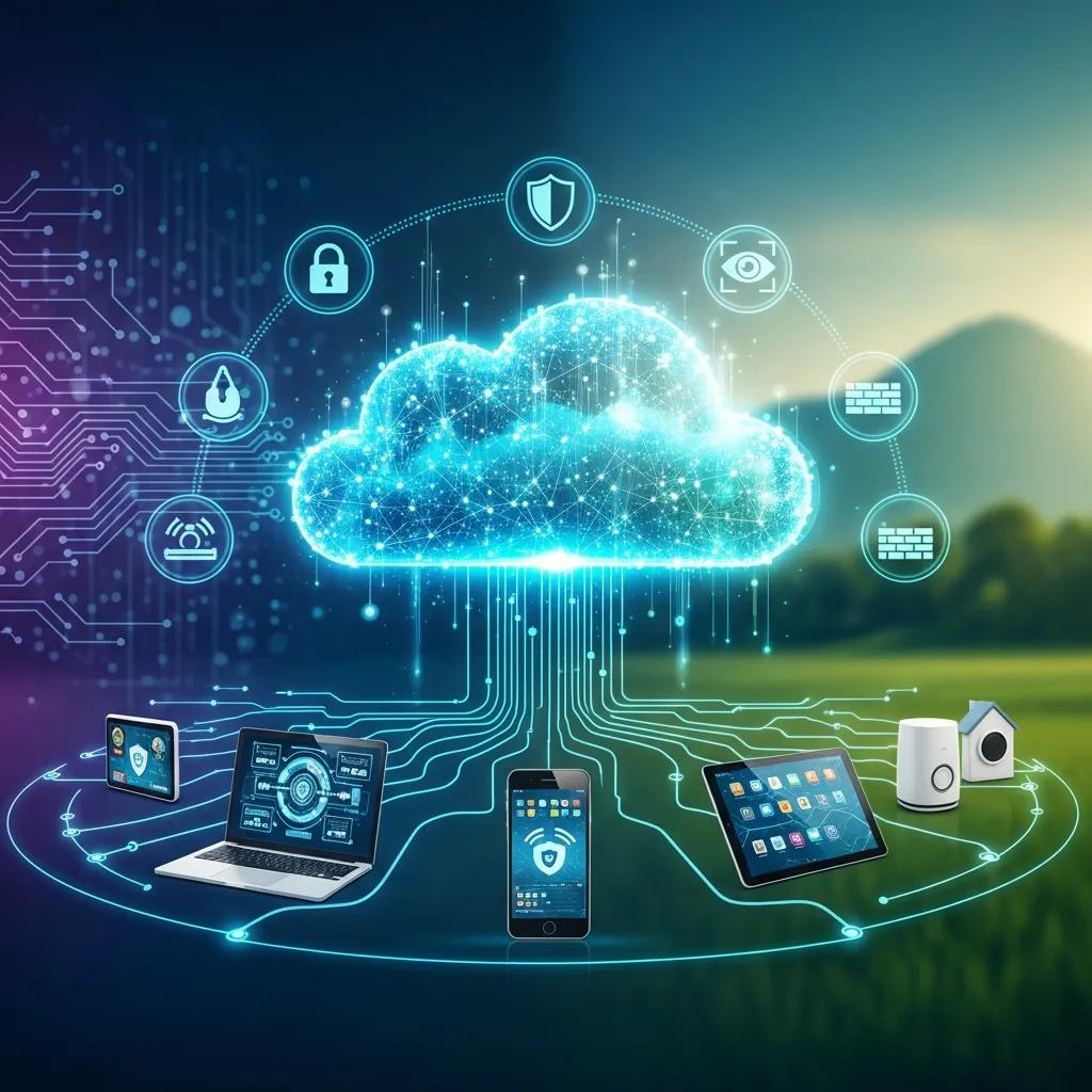 Cloud computing concept with security symbols, representing the integration of cloud security for hybrid workforce management