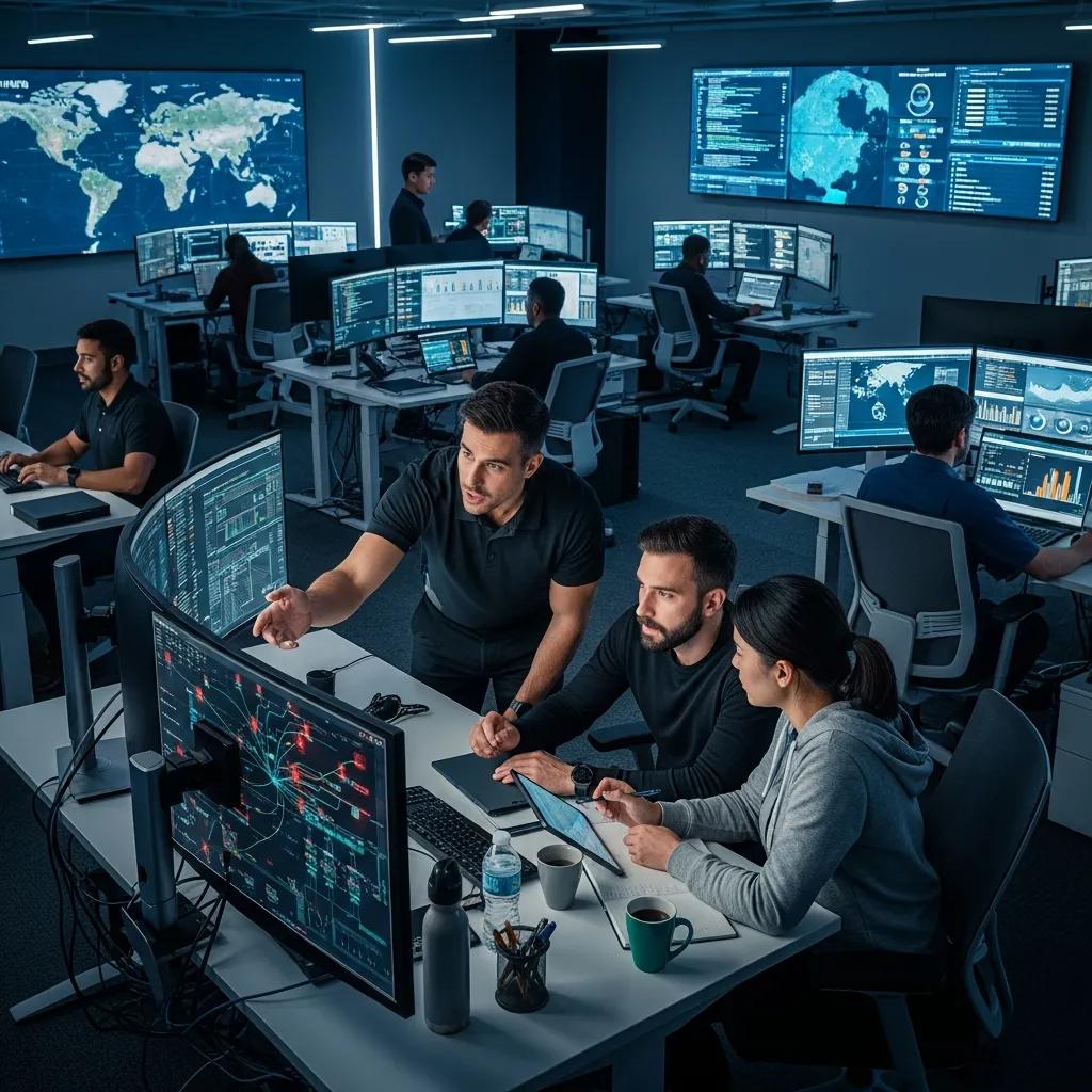 Cybersecurity operations center with professionals monitoring security data