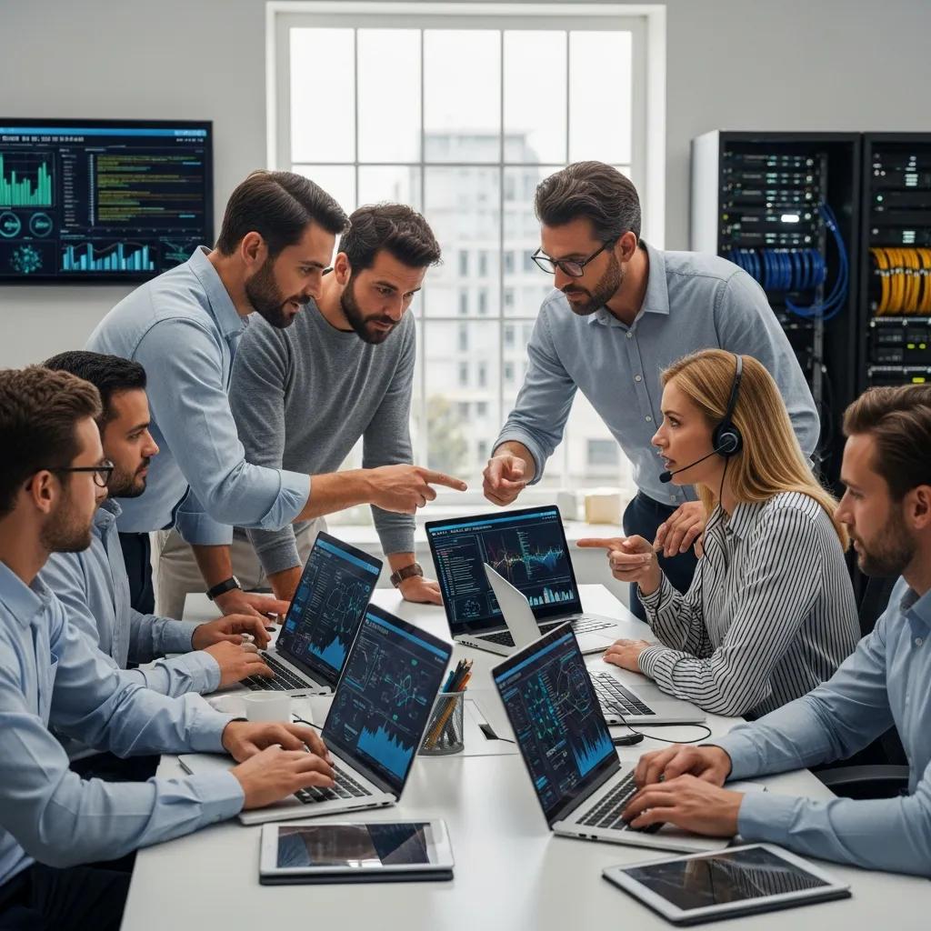 IT support team collaborating in a modern office, emphasizing teamwork and technology