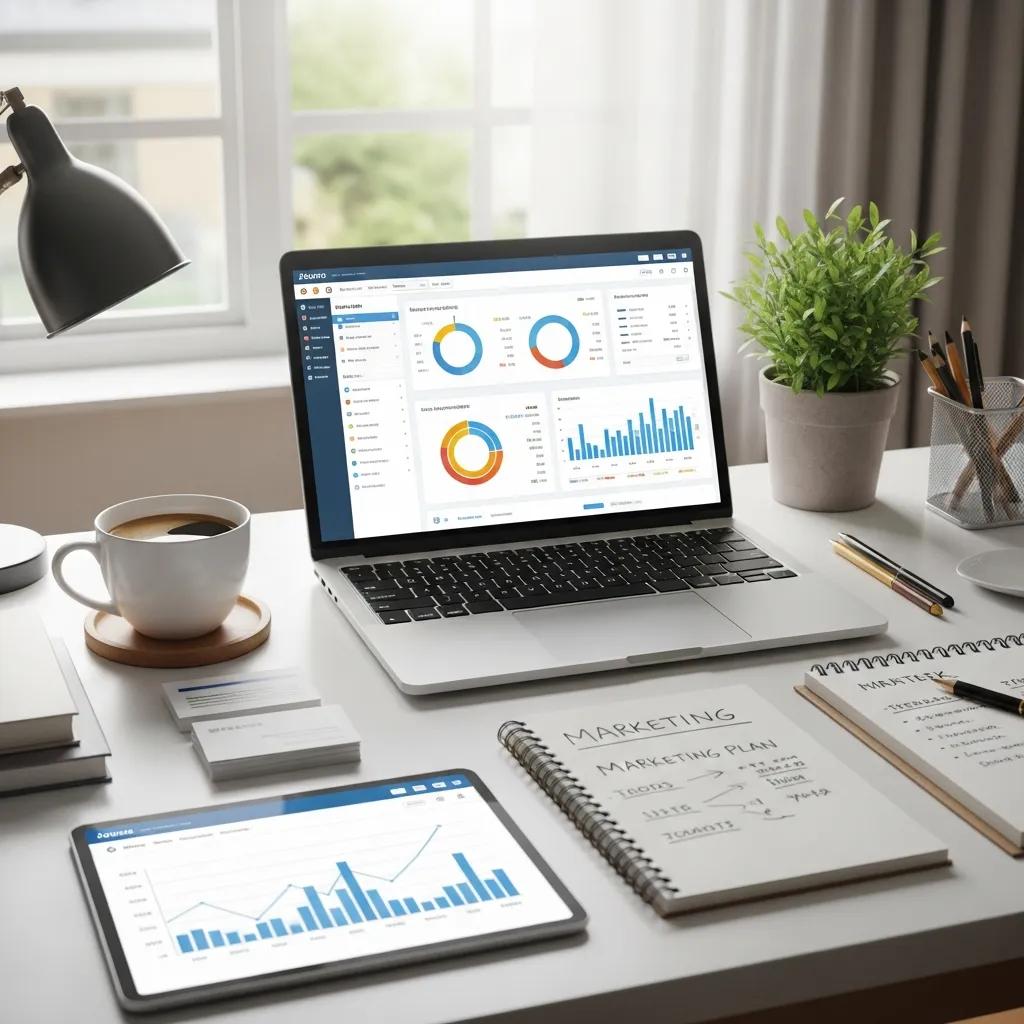 Modern workspace with laptop showing web hosting dashboard and SME elements