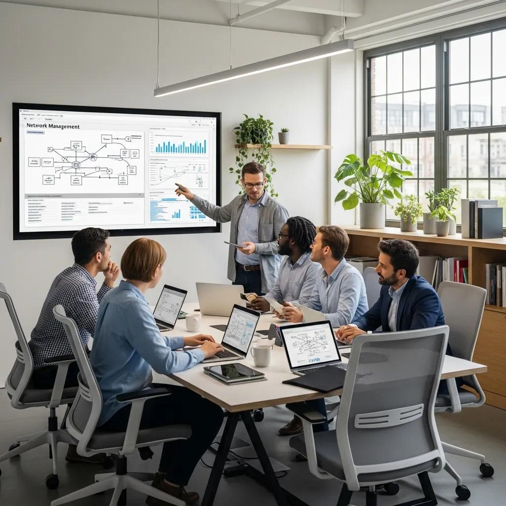 Professionals collaborating in a modern office, highlighting network management and connectivity