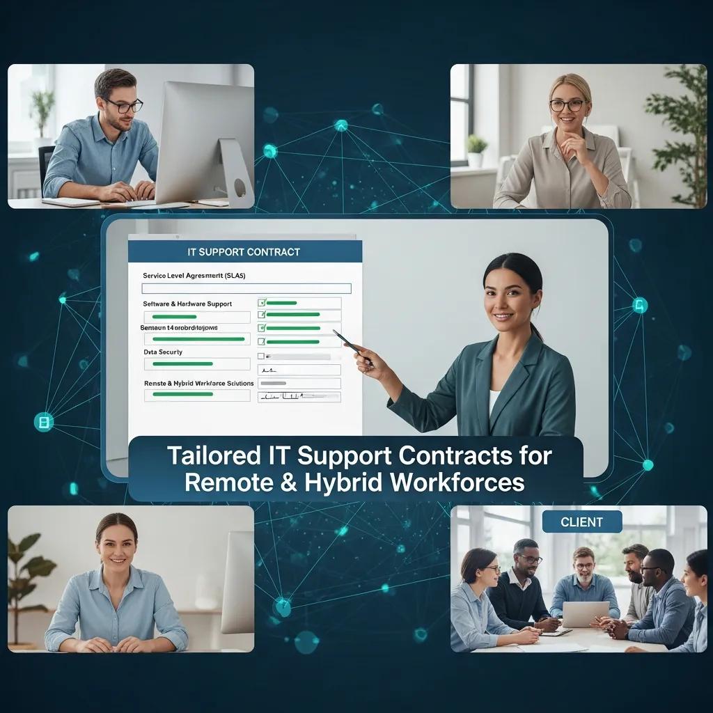 Remote IT support team collaborating through video conferencing for customized contracts