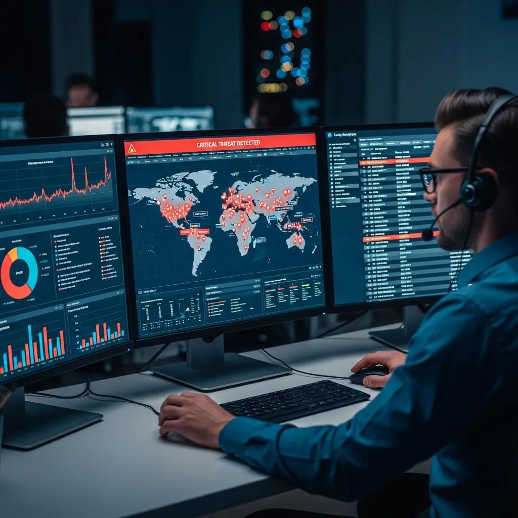SIEM dashboard displaying real-time security alerts and analytics