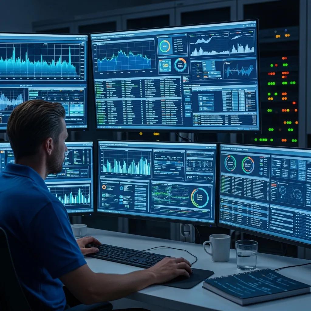 Technician monitoring IT systems in a high-tech control room